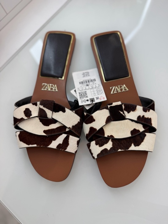 Zara Shoes - Zara Brown & White Cow-Print Slide Sandals with Gold Logo
